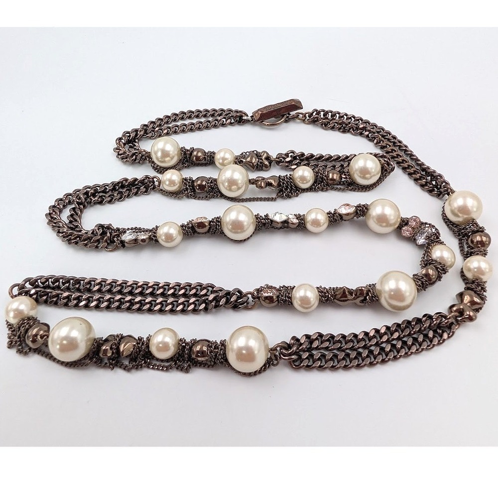 Givenchy Double Strand Necklace Bronze Chain‎ Faux Pearl Crystal Layered
